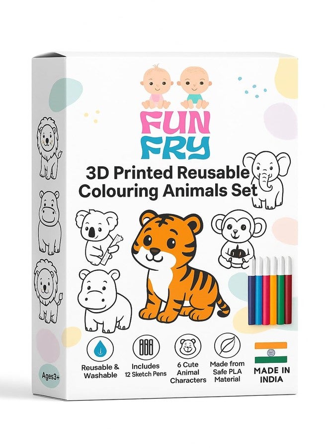 Fun Fry Reusable Coloring Kit for Kids - 12 Sketch Pens | Wipe & Reuse Colouring Sheets | Educational Activity Kit for Age 3-8 | Travel Friendly Learning Toy | Birthday Return Gift for Kids (ANIMALS- lion, quala, elephant, monkey, hippo, tiger ) - Image 2
